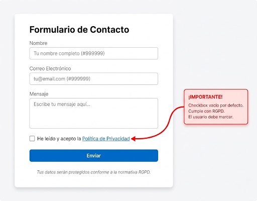 Formulario de contacto web con casilla de consentimiento RGPD desmarcada y enlace a política de privacidad — cumplimiento legal para pymes