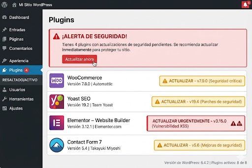 Panel de administración WordPress con 8 plugins desactualizados y alertas de vulnerabilidad de seguridad — riesgo de hackeo para webs de pymes